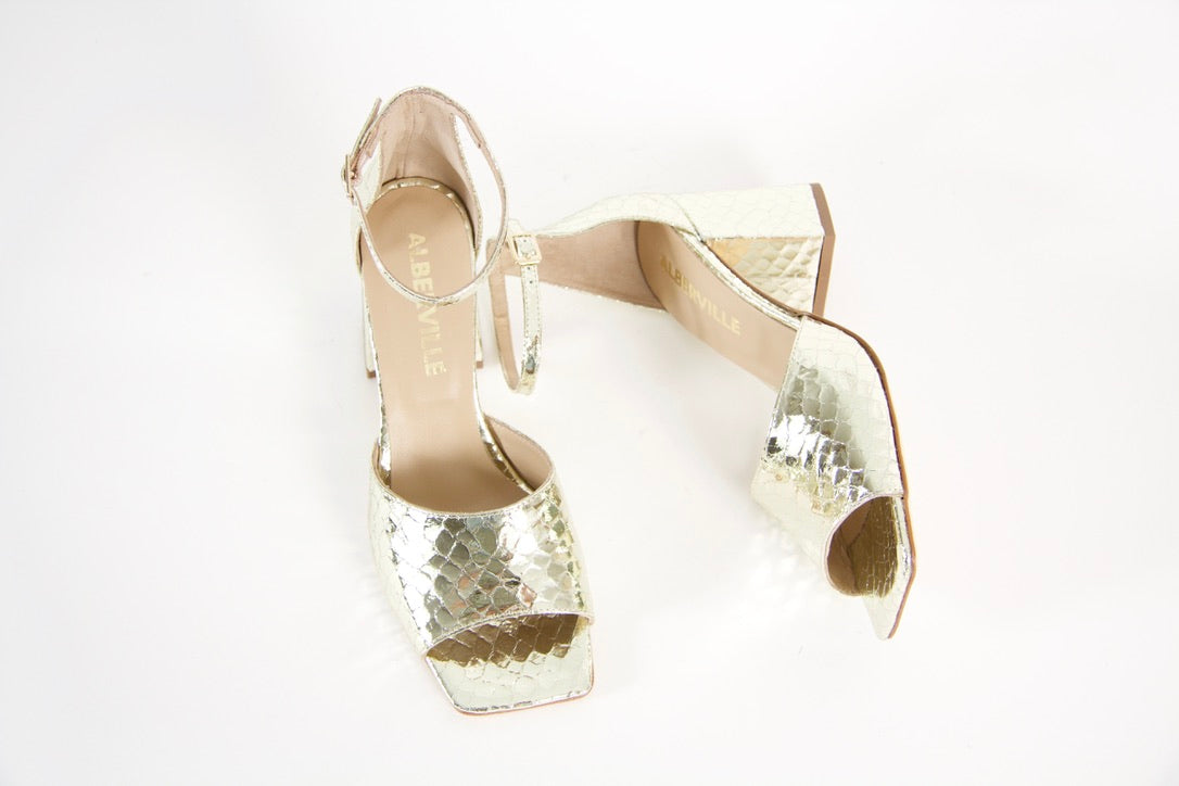 Rihanna Gold Snake Heeled Sandals